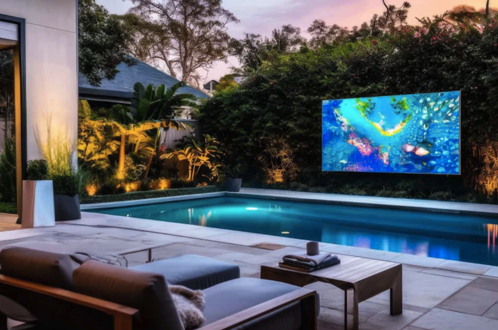 Lunar Walls MicroLED display by a luxury outdoor pool at dusk